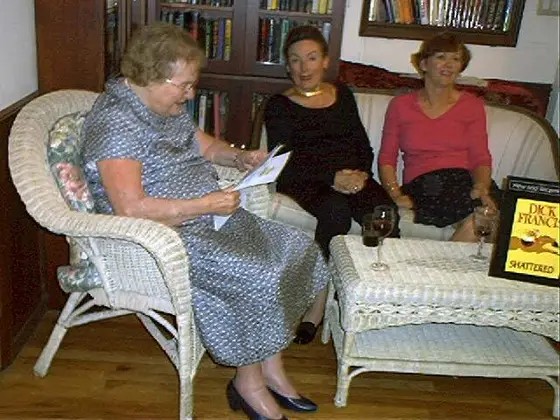 Mary Francis reads birthday wishes for Dick Francis from members of the Dick Francis Reading Group.